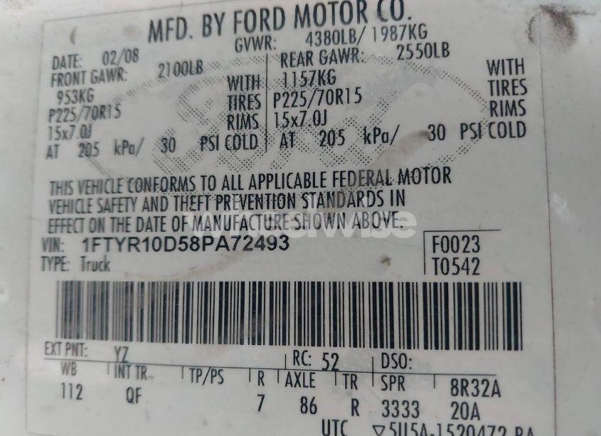 Photo 9 of 2008 Ford Ranger XL/XLT (VIN 1FTYR10D58PA72493)