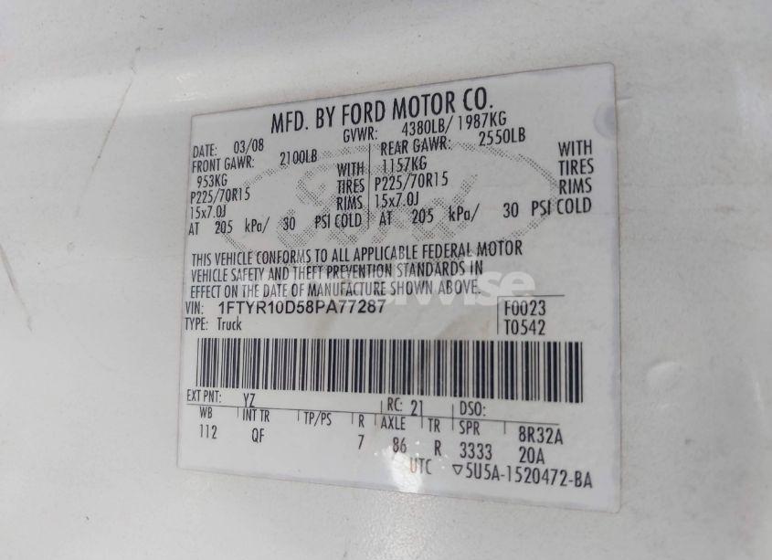 Photo 9 of 2008 Ford Ranger XL/XLT (VIN 1FTYR10D58PA77287)