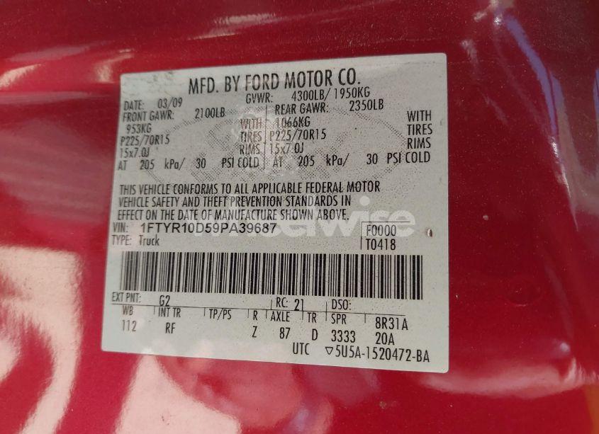 Photo 9 of 2009 Ford Ranger SPORT/XL/XLT (VIN 1FTYR10D59PA39687)