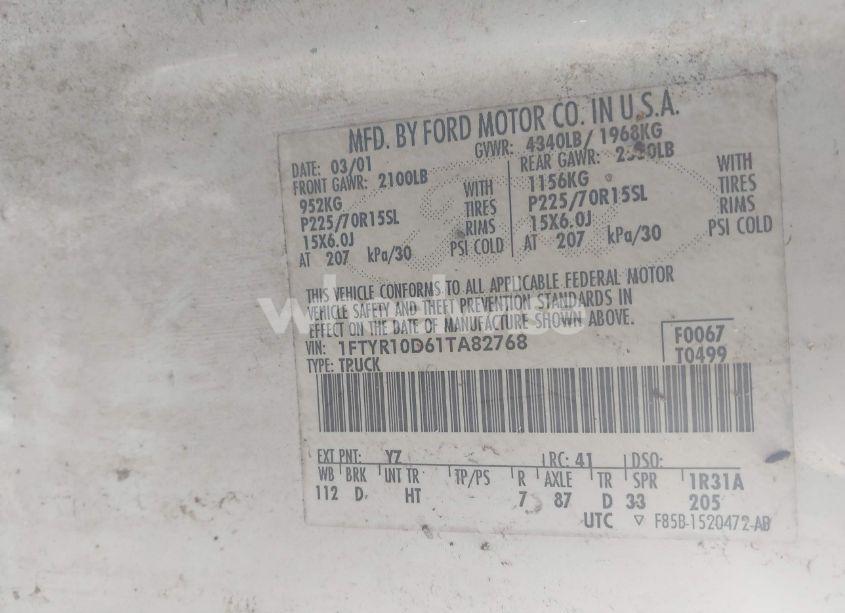 Photo 9 of 2001 Ford Ranger XL/XLT (VIN 1FTYR10D61TA82768)