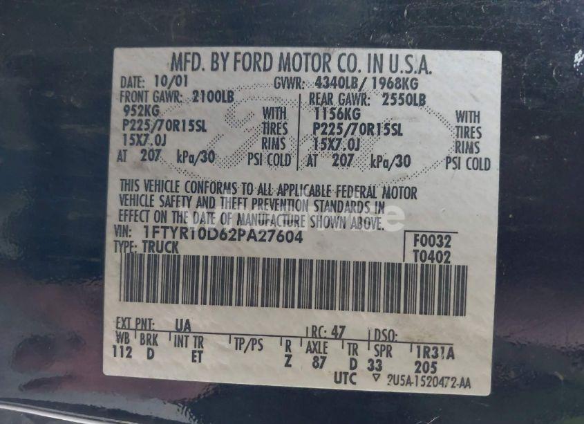 Photo 9 of 2002 Ford Ranger XL/XLT (VIN 1FTYR10D62PA27604)