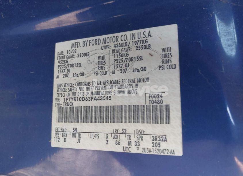 Photo 9 of 2003 Ford Ranger XL/XLT (VIN 1FTYR10D63PA43545)
