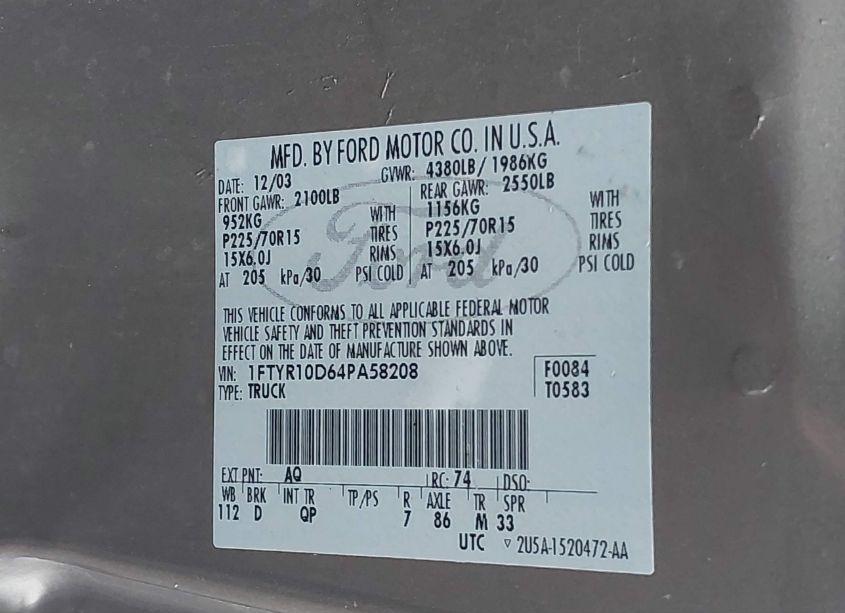 Photo 9 of 2004 Ford Ranger XL/XLT (VIN 1FTYR10D64PA58208)