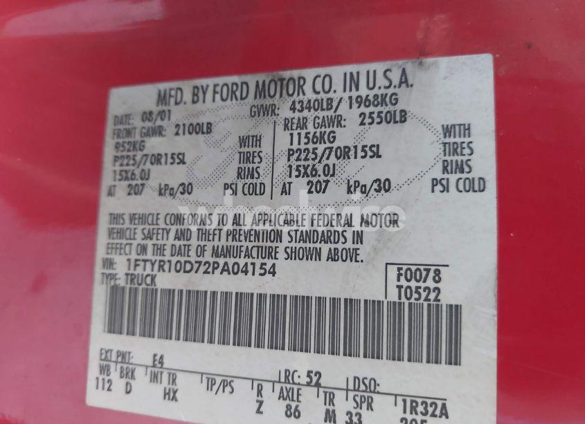 Photo 9 of 2002 Ford Ranger XL/XLT (VIN 1FTYR10D72PA04154)