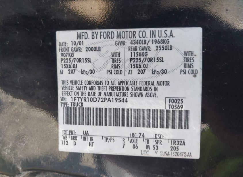 Photo 9 of 2002 Ford Ranger XL/XLT (VIN 1FTYR10D72PA19544)