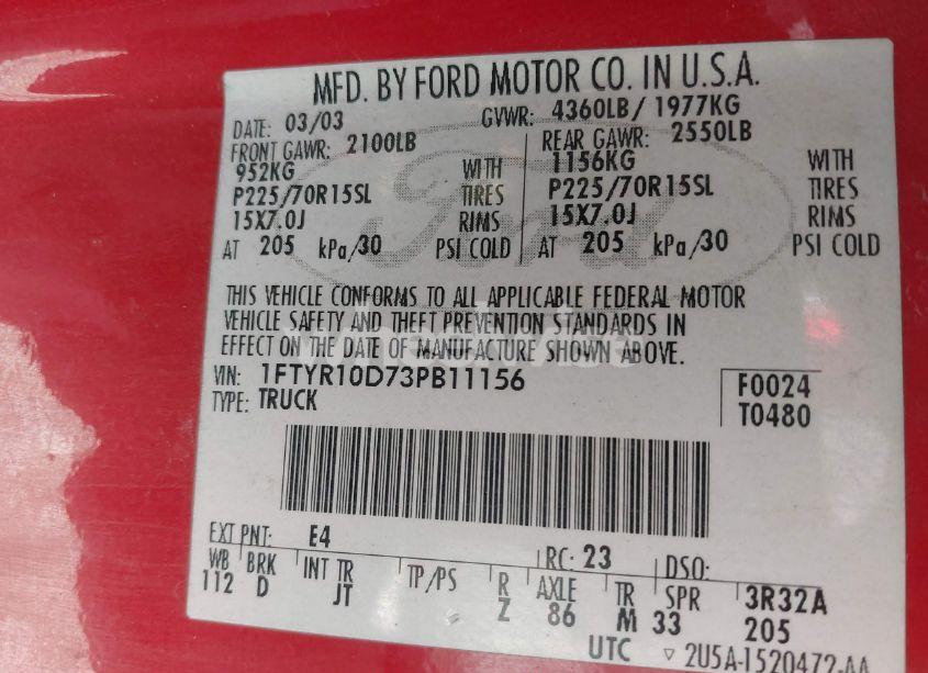 Photo 9 of 2003 Ford Ranger XL/XLT (VIN 1FTYR10D73PB11156)