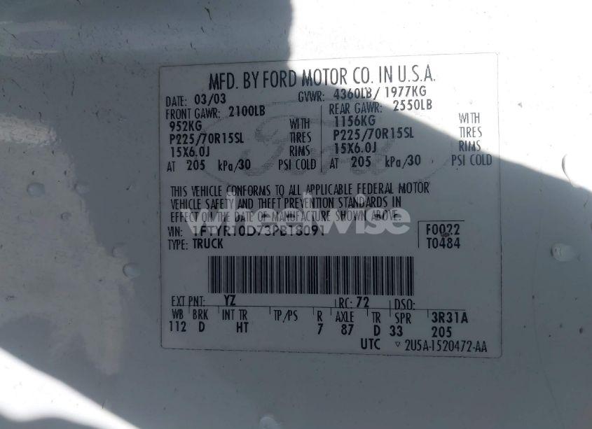 Photo 9 of 2003 Ford Ranger XL/XLT (VIN 1FTYR10D73PB18091)