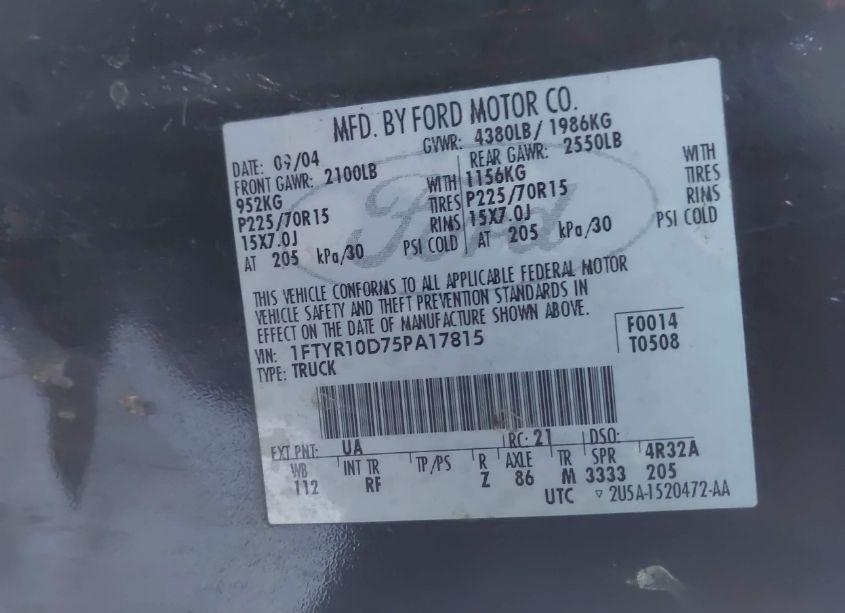 Photo 9 of 2005 Ford Ranger XL/XLS/XLT (VIN 1FTYR10D75PA17815)