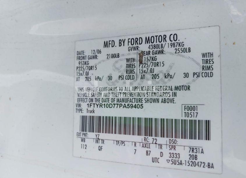 Photo 9 of 2007 Ford Ranger STX/XL/XLT (VIN 1FTYR10D77PA59405)