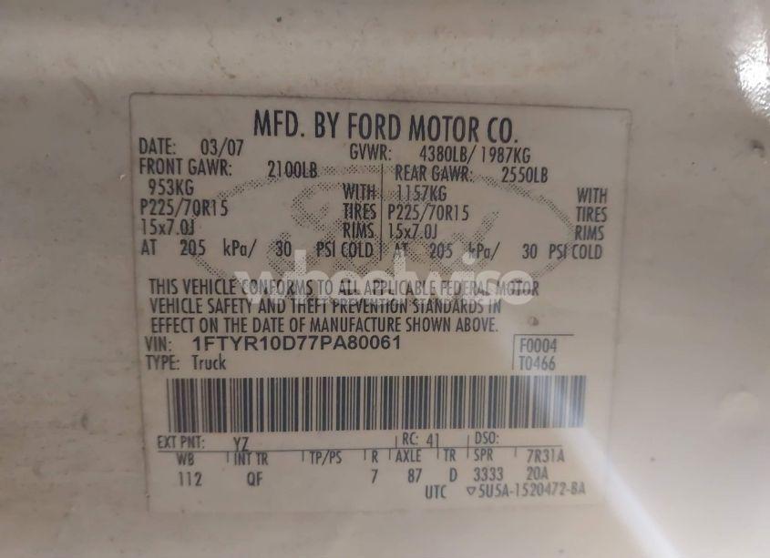 Photo 9 of 2007 Ford Ranger STX/XL/XLT (VIN 1FTYR10D77PA80061)
