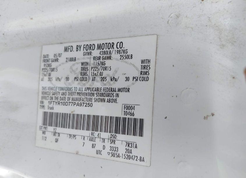 Photo 9 of 2007 Ford Ranger STX/XL/XLT (VIN 1FTYR10D77PA97250)