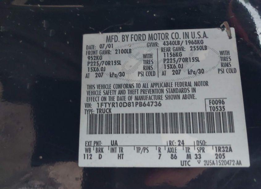 Photo 9 of 2001 Ford Ranger XL/XLT (VIN 1FTYR10D81PB64736)