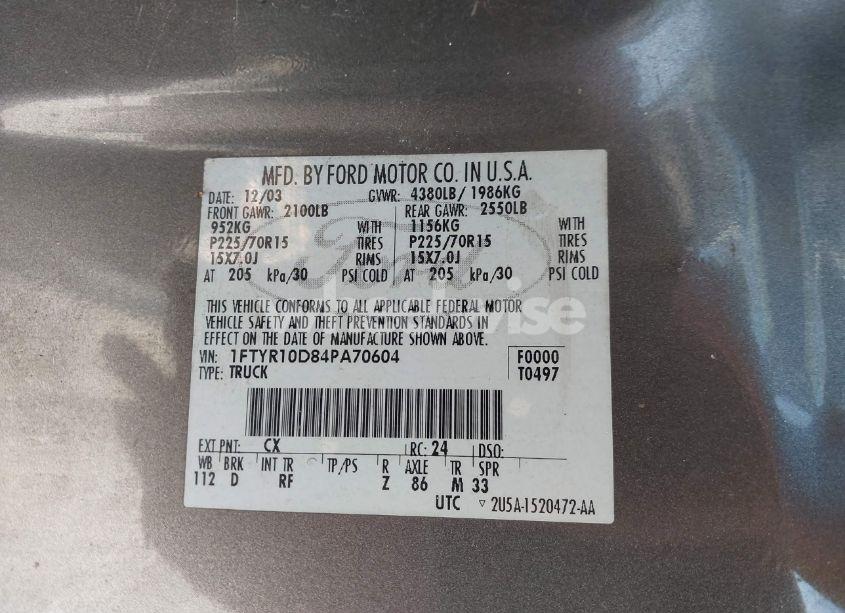 Photo 9 of 2004 Ford Ranger XL/XLT (VIN 1FTYR10D84PA70604)