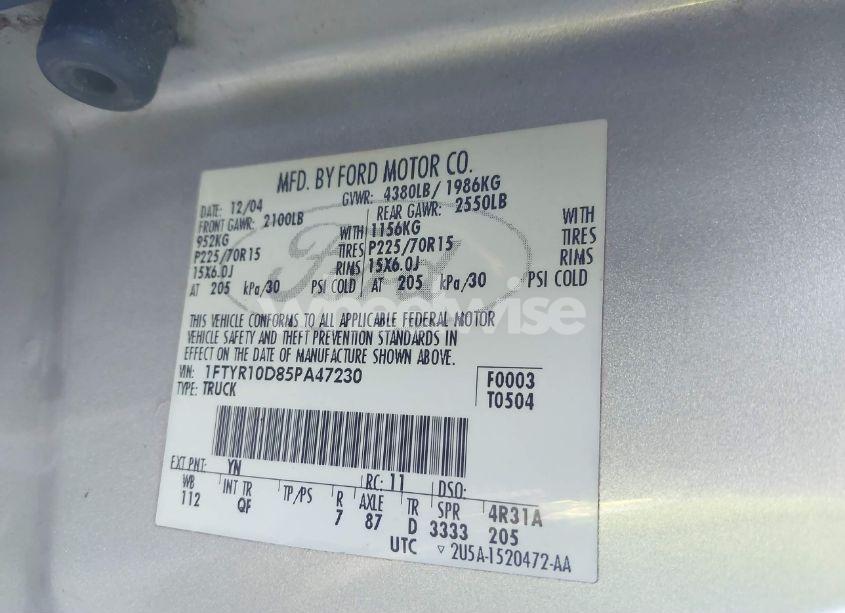 Photo 9 of 2005 Ford Ranger XL/XLS/XLT (VIN 1FTYR10D85PA47230)