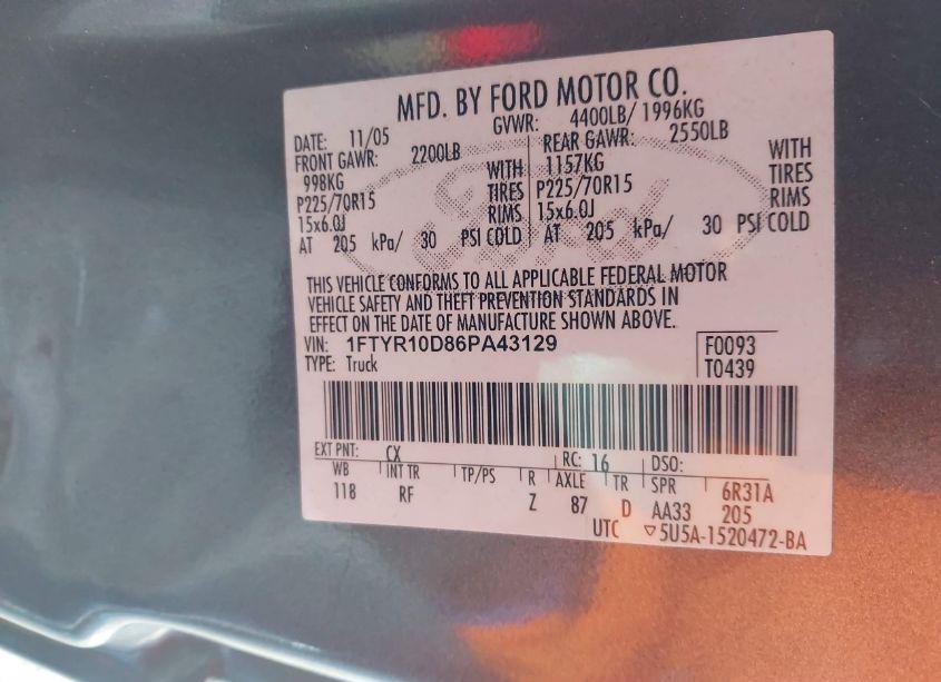 Photo 9 of 2006 Ford Ranger XL/XLT (VIN 1FTYR10D86PA43129)