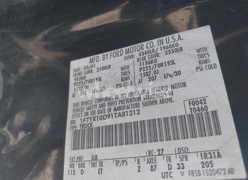 Photo 9 of 2001 Ford Ranger XL/XLT (VIN 1FTYR10D91TA81212)