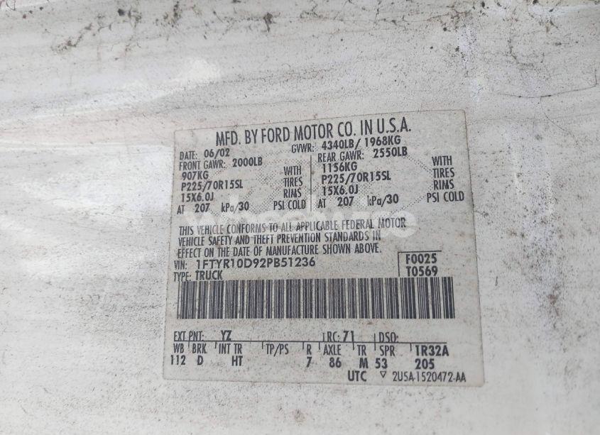 Photo 9 of 2002 Ford Ranger XL/XLT (VIN 1FTYR10D92PB51236)