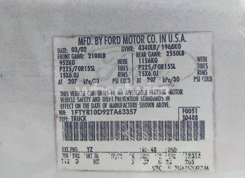 Photo 9 of 2002 Ford Ranger XL/XLT (VIN 1FTYR10D92TA63357)