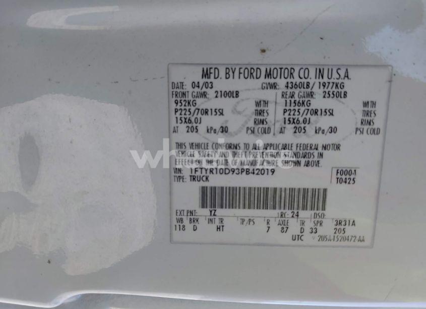 Photo 9 of 2003 Ford Ranger XL/XLT (VIN 1FTYR10D93PB42019)