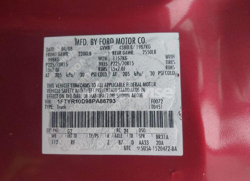 Photo 9 of 2008 Ford Ranger XL/XLT (VIN 1FTYR10D98PA88793)