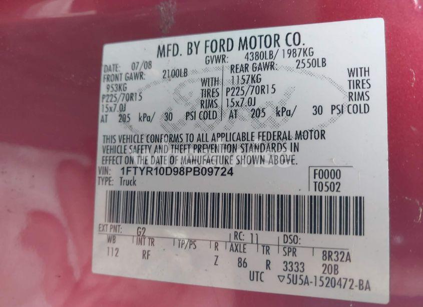 Photo 9 of 2008 Ford Ranger XL/XLT (VIN 1FTYR10D98PB09724)