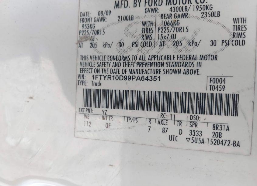 Photo 9 of 2009 Ford Ranger SPORT/XL/XLT (VIN 1FTYR10D99PA64351)