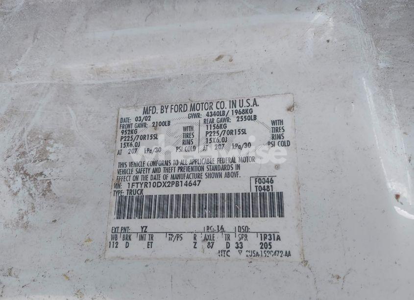 Photo 9 of 2002 Ford Ranger XL/XLT (VIN 1FTYR10DX2PB14647)