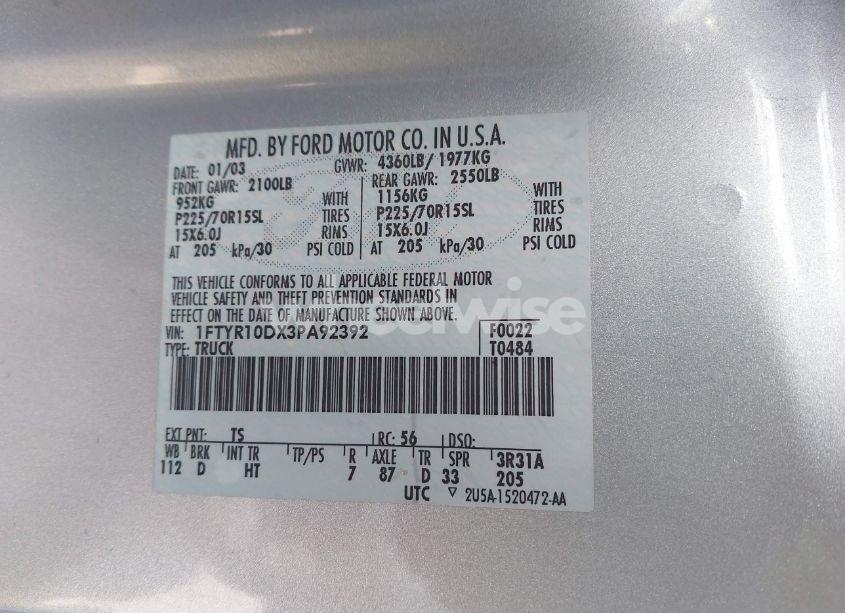 Photo 9 of 2003 Ford Ranger XL/XLT (VIN 1FTYR10DX3PA92392)