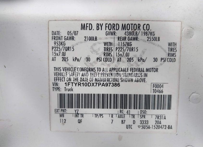 Photo 9 of 2007 Ford Ranger STX/XL/XLT (VIN 1FTYR10DX7PA97386)