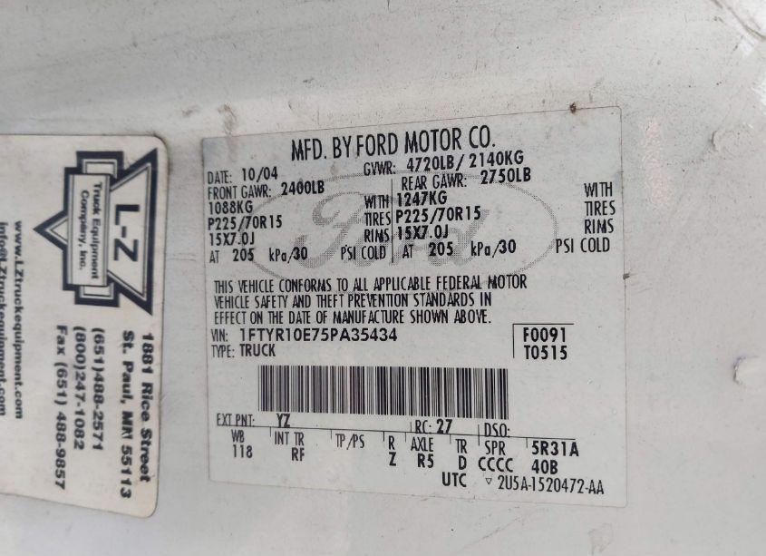 Photo 9 of 2005 Ford Ranger XL/XLS (VIN 1FTYR10E75PA35434)