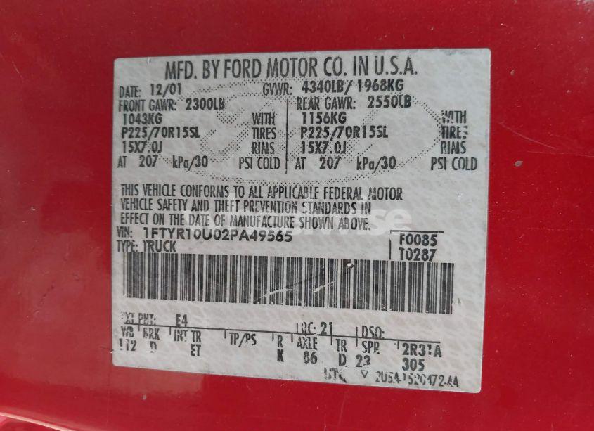 Photo 9 of 2002 Ford Ranger EDGE/XL/XLT (VIN 1FTYR10U02PA49565)