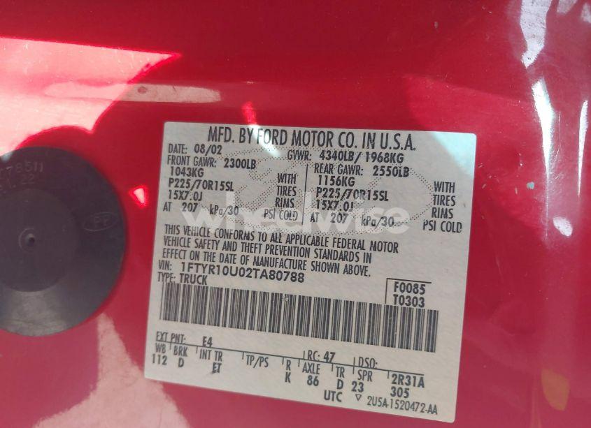 Photo 9 of 2002 Ford Ranger EDGE/XL/XLT (VIN 1FTYR10U02TA80788)