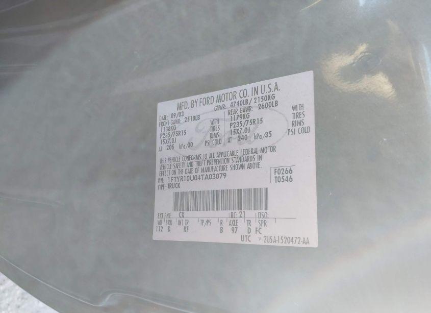 Photo 9 of 2004 Ford Ranger EDGE/XL/XLT (VIN 1FTYR10U04TA03079)