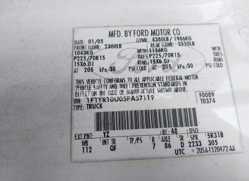 Photo 9 of 2005 Ford Ranger EDGE/STX/XL/XLS/XLT (VIN 1FTYR10U05PA57119)