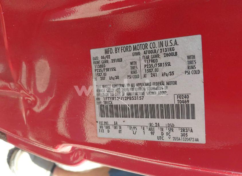 Photo 9 of 2002 Ford Ranger EDGE/XL/XLT (VIN 1FTYR10U12PB53157)