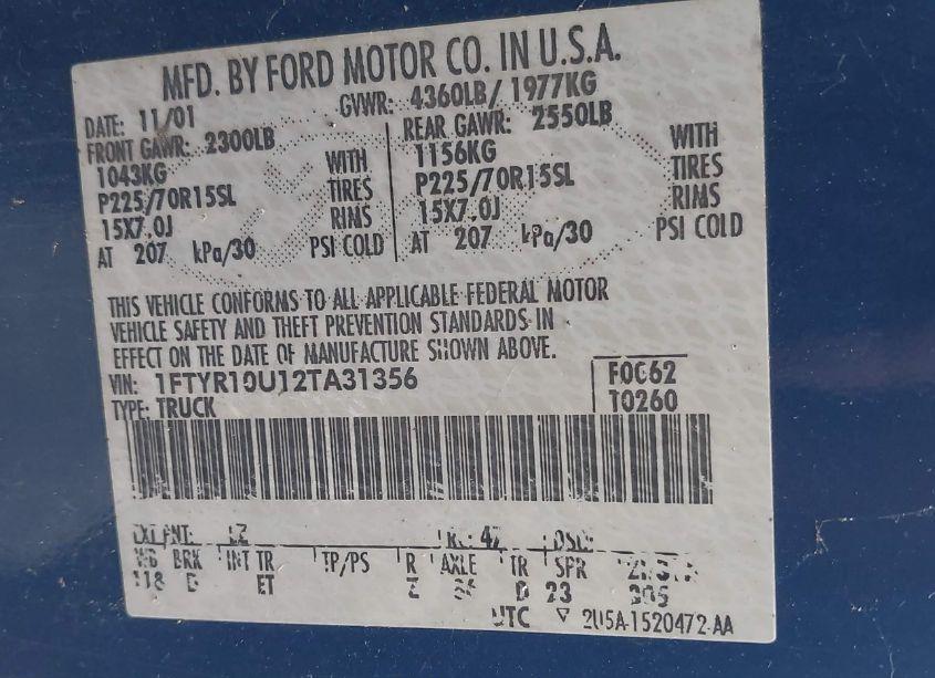 Photo 9 of 2002 Ford Ranger EDGE/XL/XLT (VIN 1FTYR10U12TA31356)