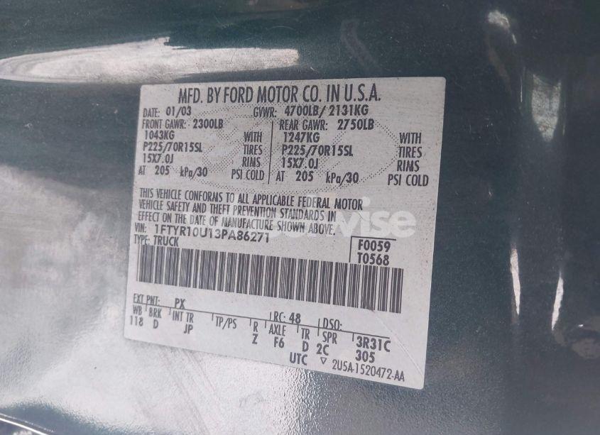 Photo 9 of 2003 Ford Ranger EDGE/XL/XLT (VIN 1FTYR10U13PA86271)