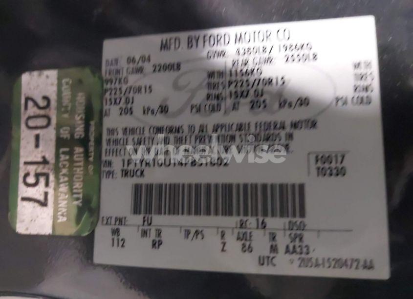 Photo 9 of 2004 Ford Ranger EDGE/XL/XLT (VIN 1FTYR10U14PB51802)