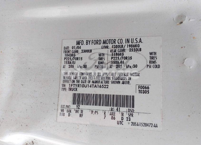 Photo 9 of 2004 Ford Ranger EDGE/XL/XLT (VIN 1FTYR10U14TA16522)