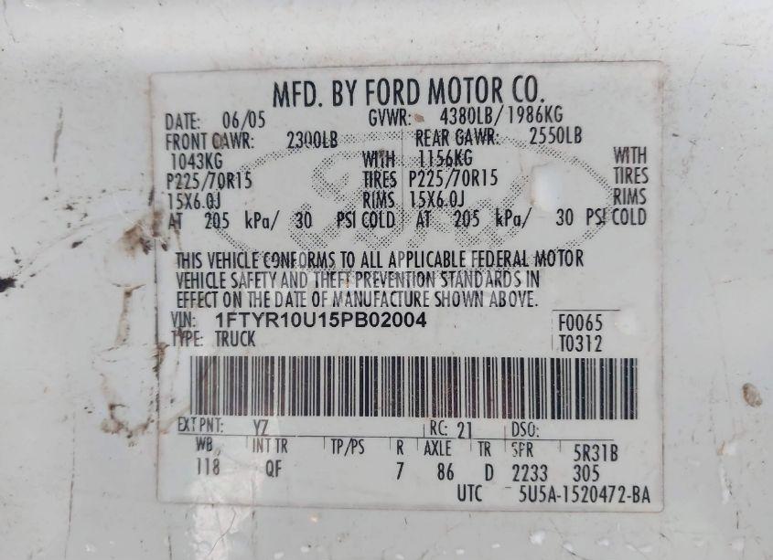 Photo 9 of 2005 Ford Ranger (VIN 1FTYR10U15PB02004)