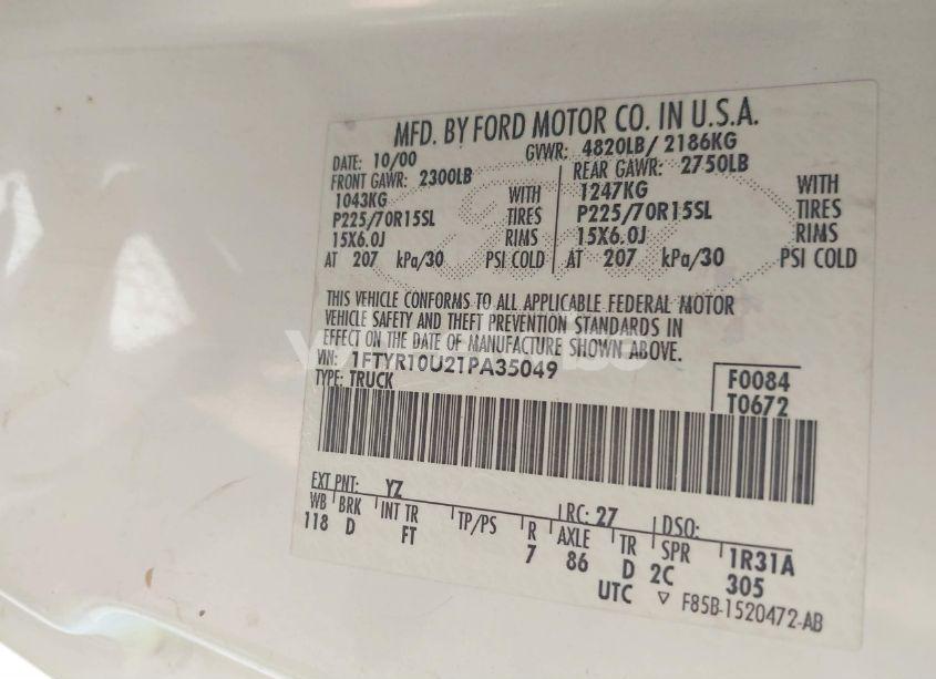 Photo 9 of 2001 Ford Ranger EDGE/XL/XLT (VIN 1FTYR10U21PA35049)