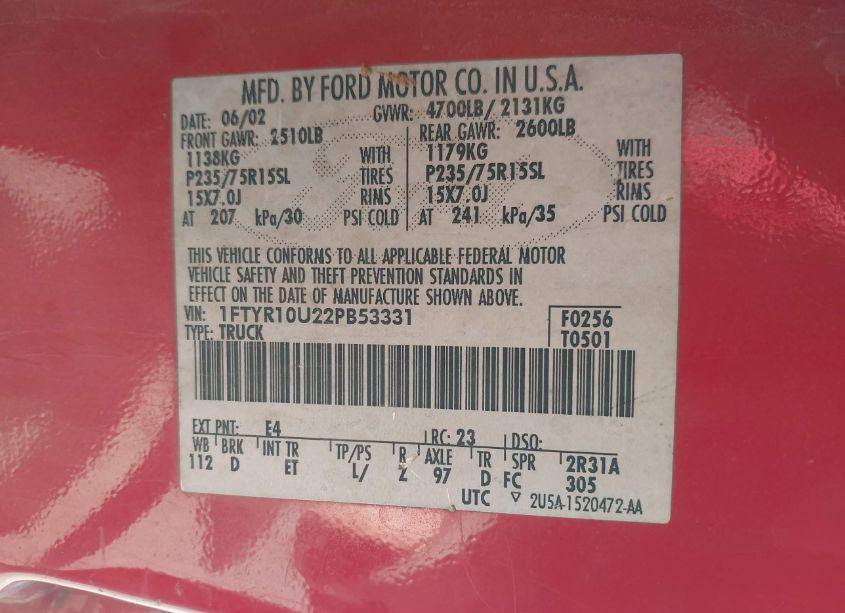 Photo 9 of 2002 Ford Ranger EDGE/XL/XLT (VIN 1FTYR10U22PB53331)