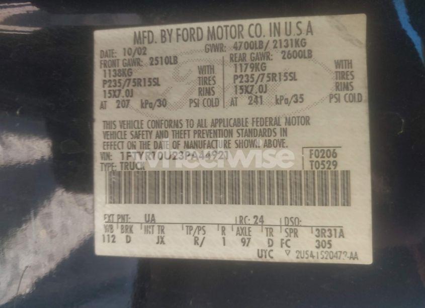Photo 9 of 2003 Ford Ranger EDGE/XL/XLT (VIN 1FTYR10U23PA44921)