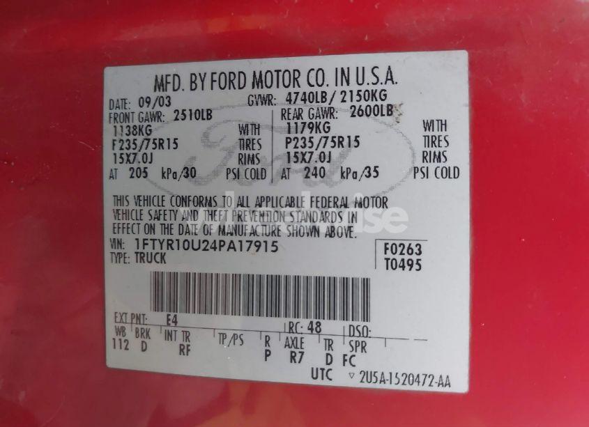 Photo 9 of 2004 Ford Ranger (VIN 1FTYR10U24PA17915)