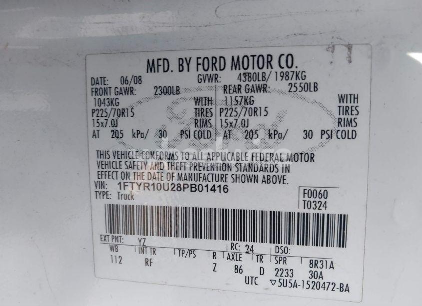 Photo 9 of 2008 Ford Ranger SPORT/XL/XLT (VIN 1FTYR10U28PB01416)