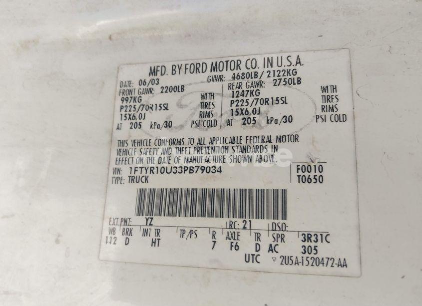 Photo 9 of 2003 Ford Ranger EDGE/XL/XLT (VIN 1FTYR10U33PB79034)