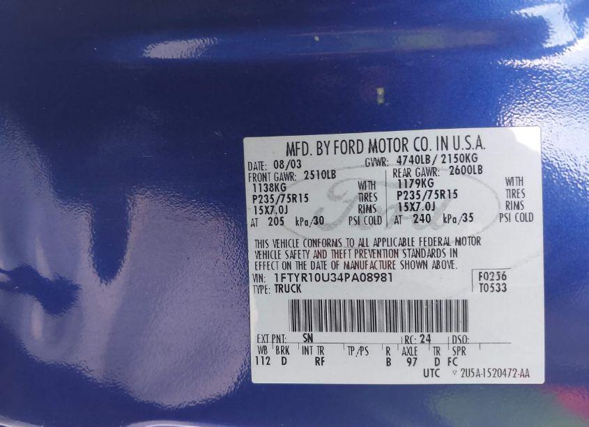 Photo 9 of 2004 Ford Ranger EDGE/XL/XLT (VIN 1FTYR10U34PA08981)