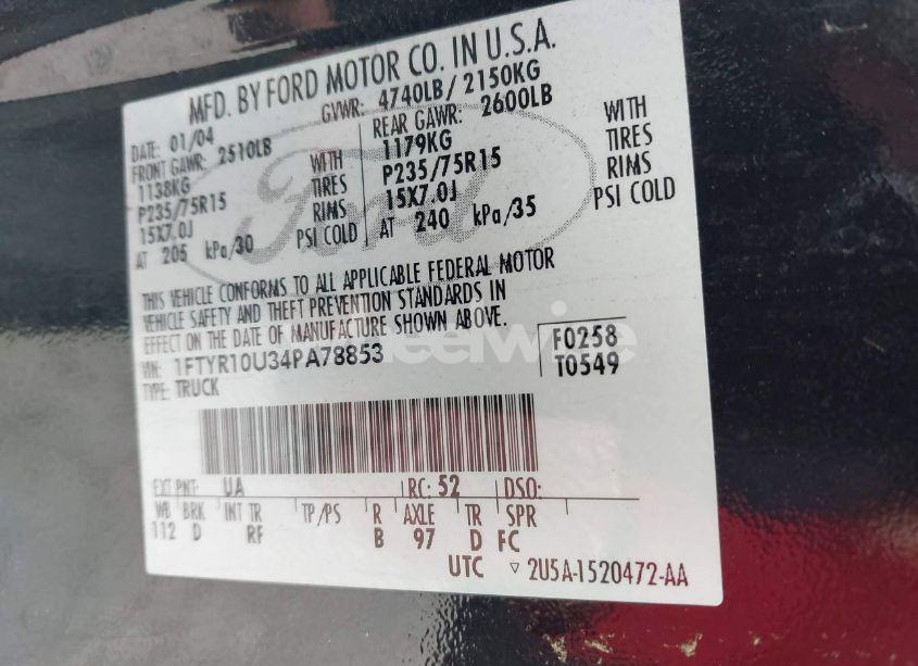 Photo 9 of 2004 Ford Ranger EDGE/XL/XLT (VIN 1FTYR10U34PA78853)