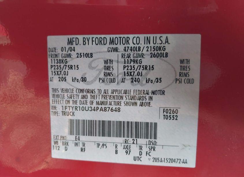 Photo 9 of 2004 Ford Ranger EDGE/XL/XLT (VIN 1FTYR10U34PA87648)