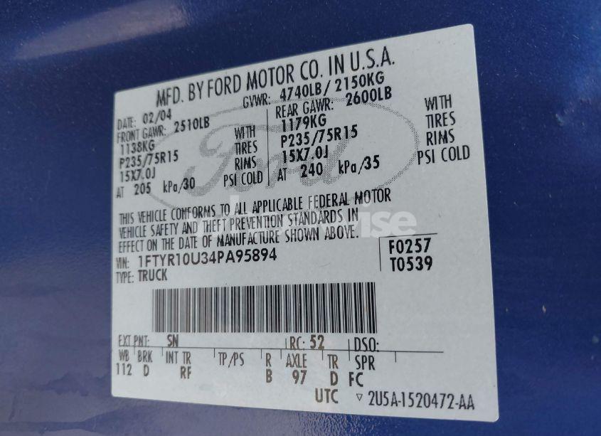 Photo 9 of 2004 Ford Ranger EDGE/XL/XLT (VIN 1FTYR10U34PA95894)